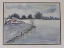 Dekorative Landschaftsmalerei Aquarell Seenlandschaft Häuser signiert Eppler 91