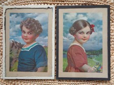 ANTIK 1920 Set 2 Postkarten/gerahmte Bilder Junge Mädchen Malerei Druck Kunst #9