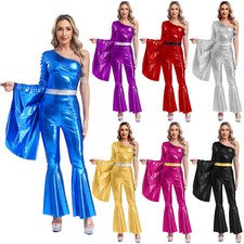 Damen Disco Bodysuit Overall Glänzend 70er Jahre Fasching Hippie Kostüm Karneval