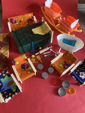 Puppenstube Puppenmöbel Konvolut DDR mit Vero Plastik Puppenwagen Holz Ofen