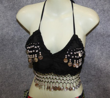 BIKINI OBERTEIL BAUCHTANZ OBERTEIL SCHWARZ MIT SILBERMÜNZEN PADS GRÖSSE S