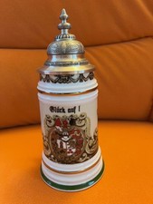 Bierkrug mit klappbaren Zinndeckel Freiberger Porzellan mit Bergbaumotiv