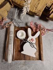 4 Teile Hase Geschenk Deko Oster Hasen Set + Kerze + Halter + Echt Holz Brett 💗