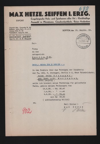 Seiffen brief 1938 max hetze - seiffen,,