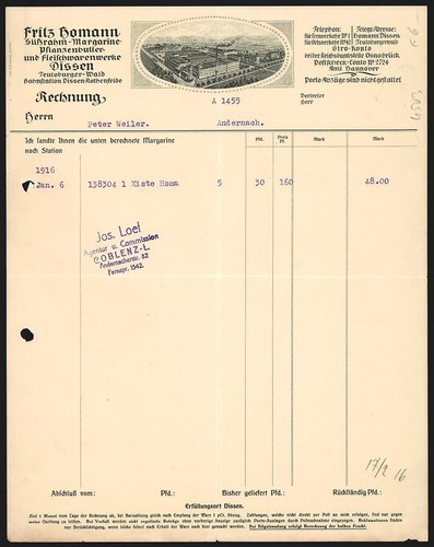 Rechnung dissen 1916 - dissen, fritz