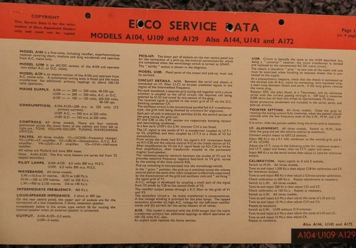 Ekco modell a104 u109 a129 - modell,
