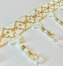 ab 1m Diamantlook Perlenfransen 75mm Cremeweiß Gold Korallenband Perlen Borte DE