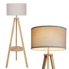 Stehlampe Dreibein mit Holzregal Stehleuchte mit Lampenschirm Holz Moderne Beige