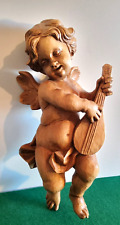 Herrlicher großer Engel putto mit laute Handgeschnitzt Holzstatue 33,5cm Topzust