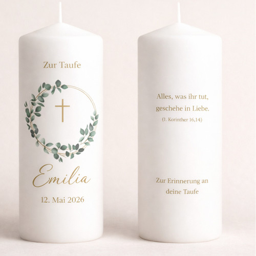 Taufkerze mit eukalyptuskranz - taufkerze,
