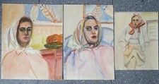 3 Zeichnungen Konvolut - Aquarell - Portrait Frau Kopfbedeckung Studie - 1969