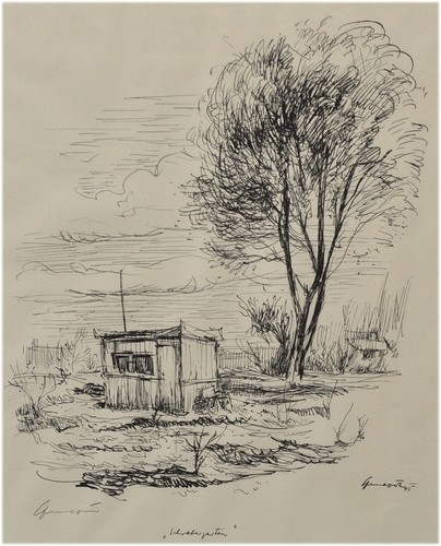 Schrebergarten lithographie - schrebergarten,