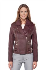 Damen Leder Bikerjacke Burgund