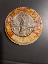 Altes Religiöses Medaillion auf Marmorsockel Maria mit Kind Sarragossa, Spanien