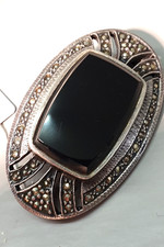 925 Sterling Silber ovale Vintage Silber Brosche m. Onyx & Markasiten