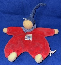 Schmusetuch Käthe Kruse Puppe Gugguli rot + blaue Mütze + kariertes Halstuch