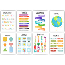 Kinderposter 8er Set Alphabet, Monate, Wochentage, Farben, Welt, Wetter, Zahlen 