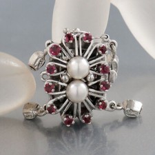 Schließe Verschluss für Perlenketten mit Rubin + Perlen Besatz 585/14k Weißgold