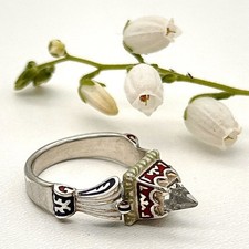 Emaillierter Ring Renaissance-Stil, Bergkristall, 925/- Silber, Ringweite 56/57