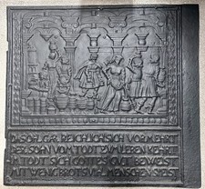 *** Ofenplatte Gusseisen 68 cm x 73 cm Kaminplatte Reliefbild Ölwunder Elias ***