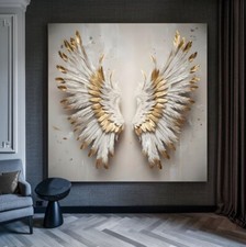 LEINWAND BILD BIS 140x140x5 ENGELSFLÜGEL WEISS BEIGE GOLD WANDBILD MODERN KUNST