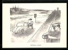 AK Mann posiert am Straßenrand neben Auto, Aus der Serie Spaß am VW 