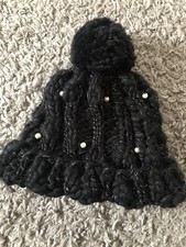 Woll Mütze Schwarz Bommel Perlen Silber  Warm  W. Neu