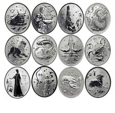 12x Medaille Münze Astrologie Tierkreiszeichen Sternzeichen Zodiac versilbert PP