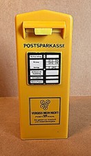 Alte Postspardose, Briefkastenspardose, Spardose, Sparbüchse  mit Schlüssel gelb
