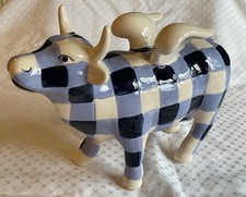 Spardose Spartopf große Kuh mit Flügeln Keramik blau kariert Selten