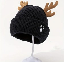 Coole Mütze 2in1 Strickmütze Sturmmaske Weihnachten Rentier Geweih Elch SCHWARZ 