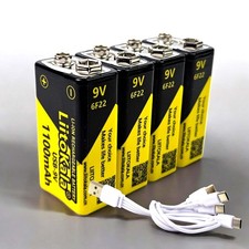 4x 9V Lithium Akku Blockbatterie wiederaufladbare Batterie USB-C Ladekabel 6F22