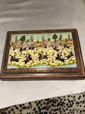 Persian Cigar Box - Handpainted Vintage Wooden Box with Brass Inlay, Red Fabric