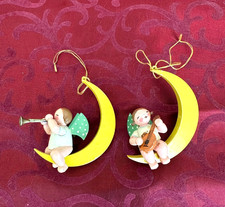 2 kleine Engel im Mond, hängend, Erzgebirge, Holz Figuren, vintage, Musiker