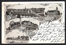 Lithographie Stade, Hafen, Kgl. Postamt, Kgl. Consistorium 1897 