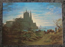 Kunstpostkarte: Karl Friedrich Schinkel:Gotische Kirche auf einem Felsen am Meer