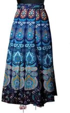 Bohemian Baumwolle Wickelrock Blau Vintage Hippie Mandala Lang Damen Maxi Ethno