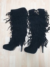 Franzen-Stiefel, High-Heels, schwarz, Größe 43, 12 cm Absatz / 1 cm Plateau