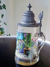 Bierkrug mit Zinndeckel Glas Emaille Jugendstil