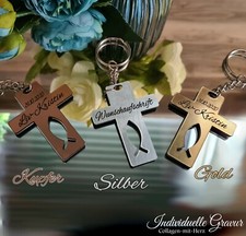 Schlüsselanhänger Kreuz + Fisch Kommunion Konfirmation Taufe Gold Silber Bronze
