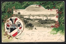 Passepartout-Lithographie Kiel, Dampfer am Kriegshafen, Wappen 1902 