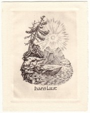 RUDOLF PONGRATZ: Exlibris für Hans Laut, Ruderboot, Gebirge