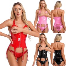 DE Damen Wetlook Leder Korsett