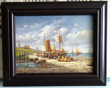 Ölgemälde Ölbild Holzrahmen 54x43 Maritim Segelboote, Fischer, Netzflickerinen.