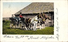 Ak Russische Tracht, Kutsche, Pferde, Wohnhaus - 11122438