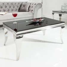 Edler Couchtisch MODERN BAROCK 100cm silber Edelstahl Wohnzimmertisch Opalglas