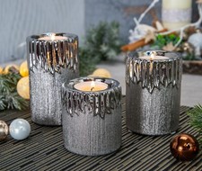 3 Deko Teelichthalter Keramik Kerze Teelicht Windlicht Set silber gebürstet