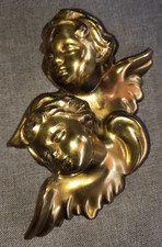 Wandskulptur Relief " Zwei Engelsköpfe" Metallguss – Messing / Farben - Vintage