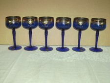 6 alte Weingläser Kristall blau böhmisch Bohemia mit viel Vergoldung