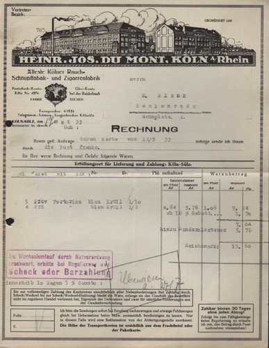 Köln rechnung 1933 rauch - kÖln,, rauch-